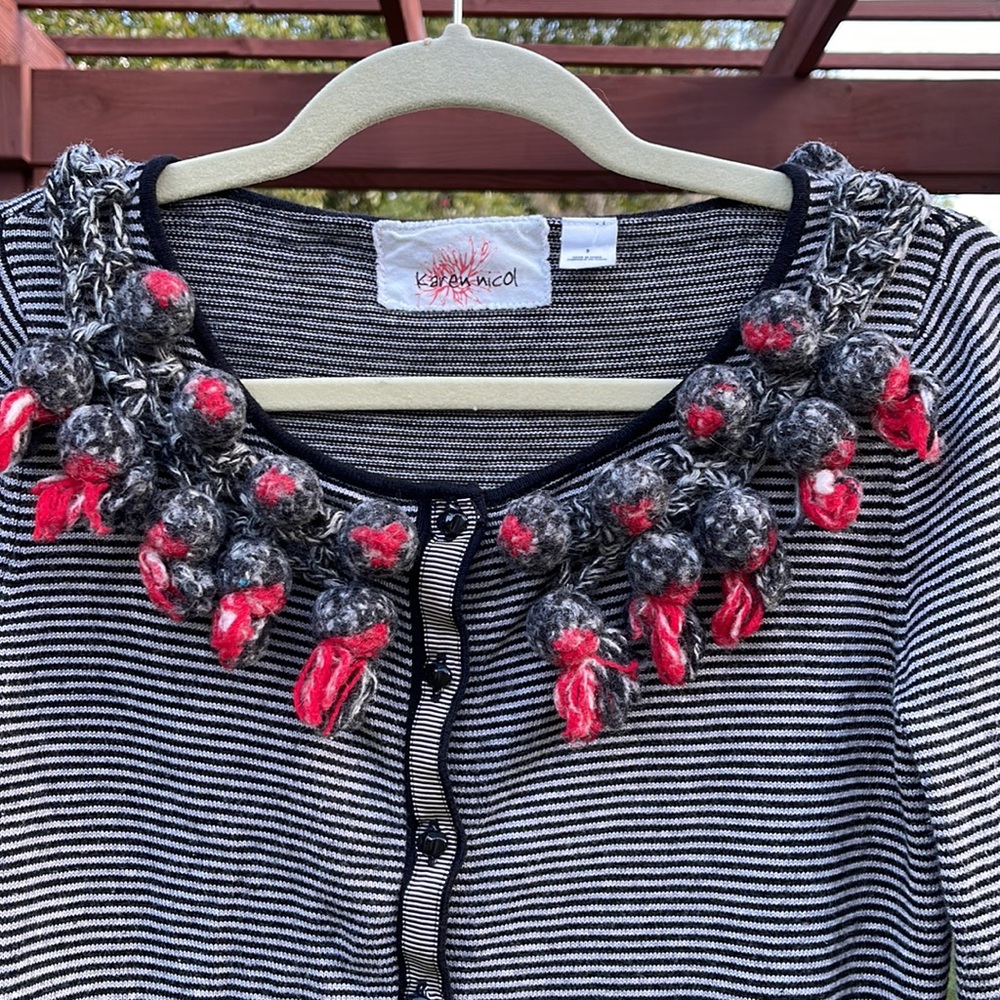 ❤️ ANTHROPOLOGIE; Piled Black/White Stripes w/Pom Poms Cardigan by Karen Nicol S - Picture 6 of 15
